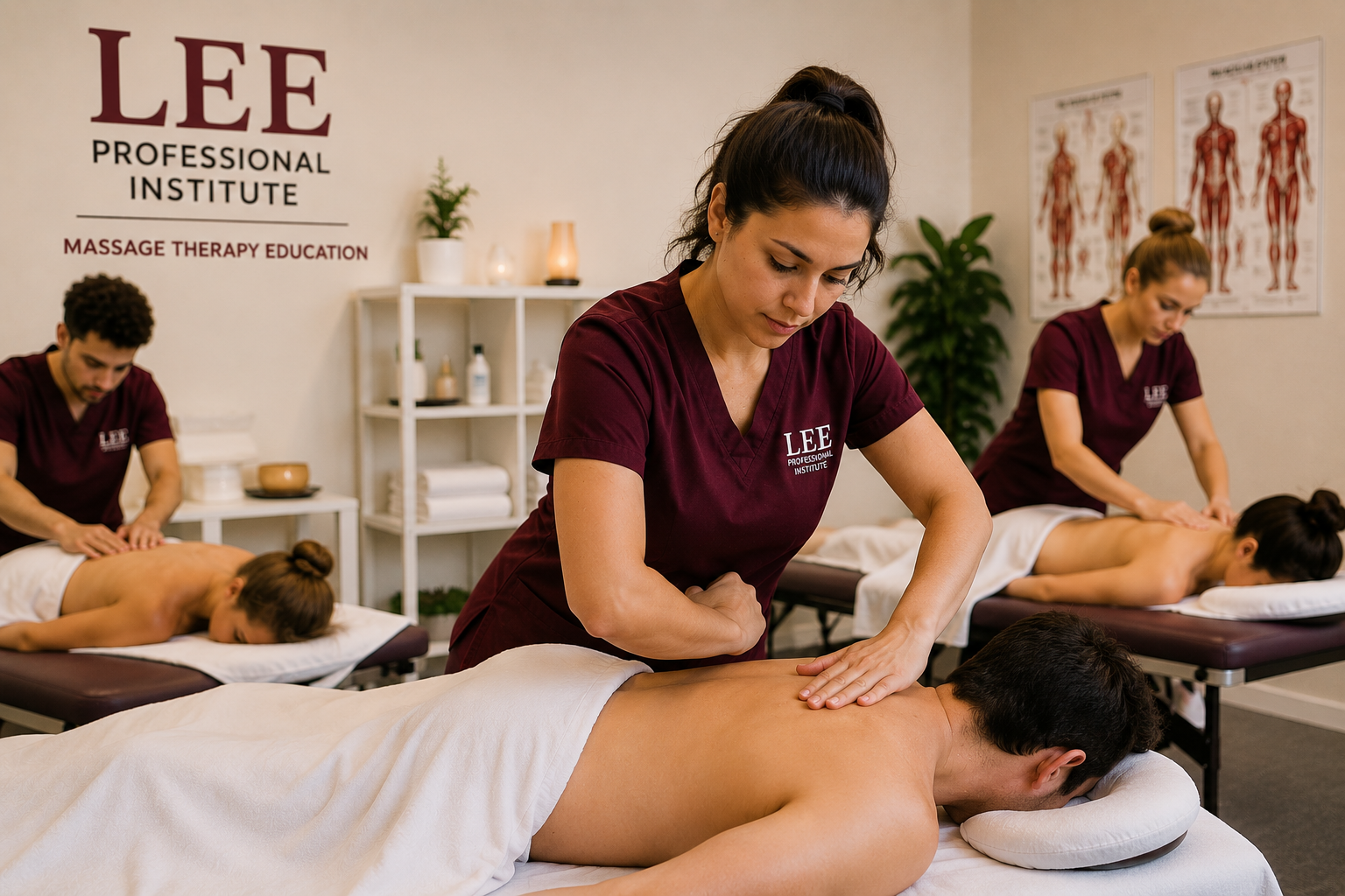 Massage Therapy students receiving hands-on training at Lee Professional Institute